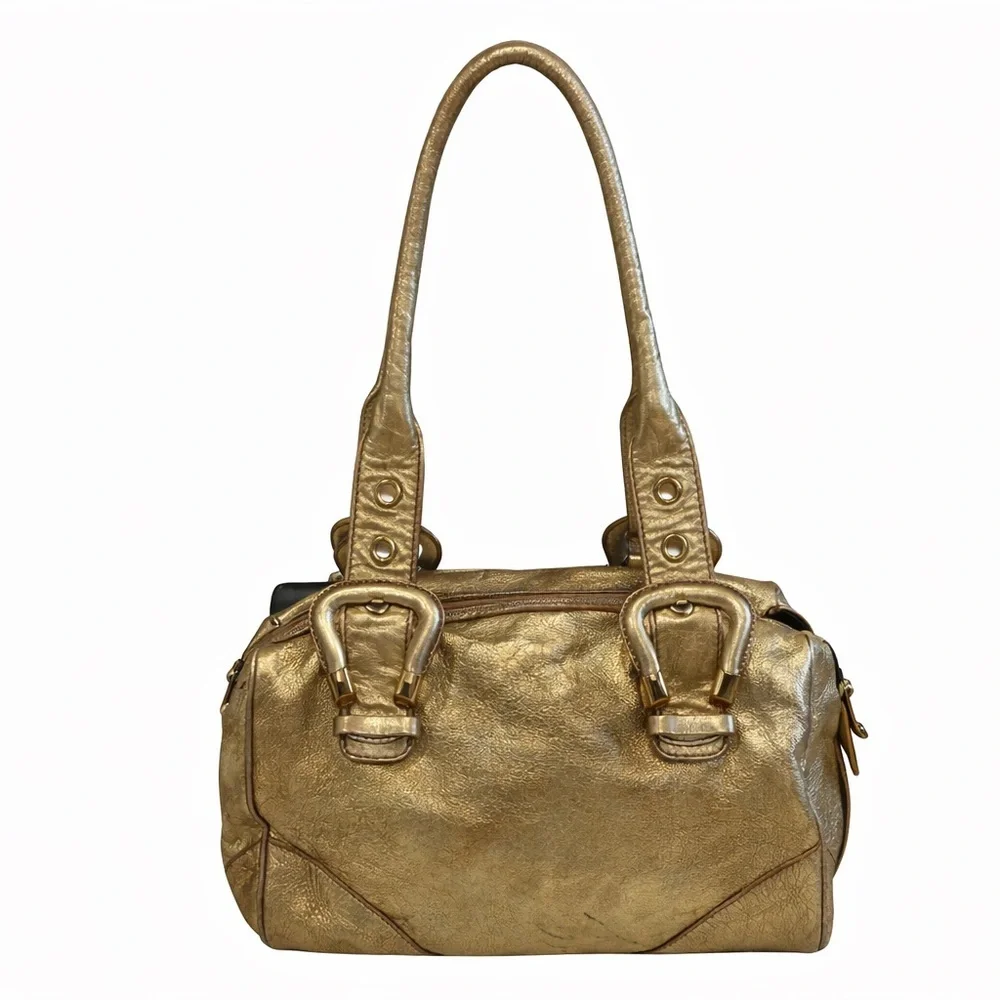 Francesco Biasia Gold Metallic Leather Satchel Shoulder Bag Structured handbag